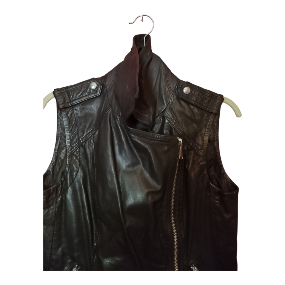 Aqua 100% Leather Black Moto Vest Asymmetrical Zipper Notched Lapel - Picture 3 of 10